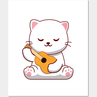 Cute Cat Play Guitar Posters and Art